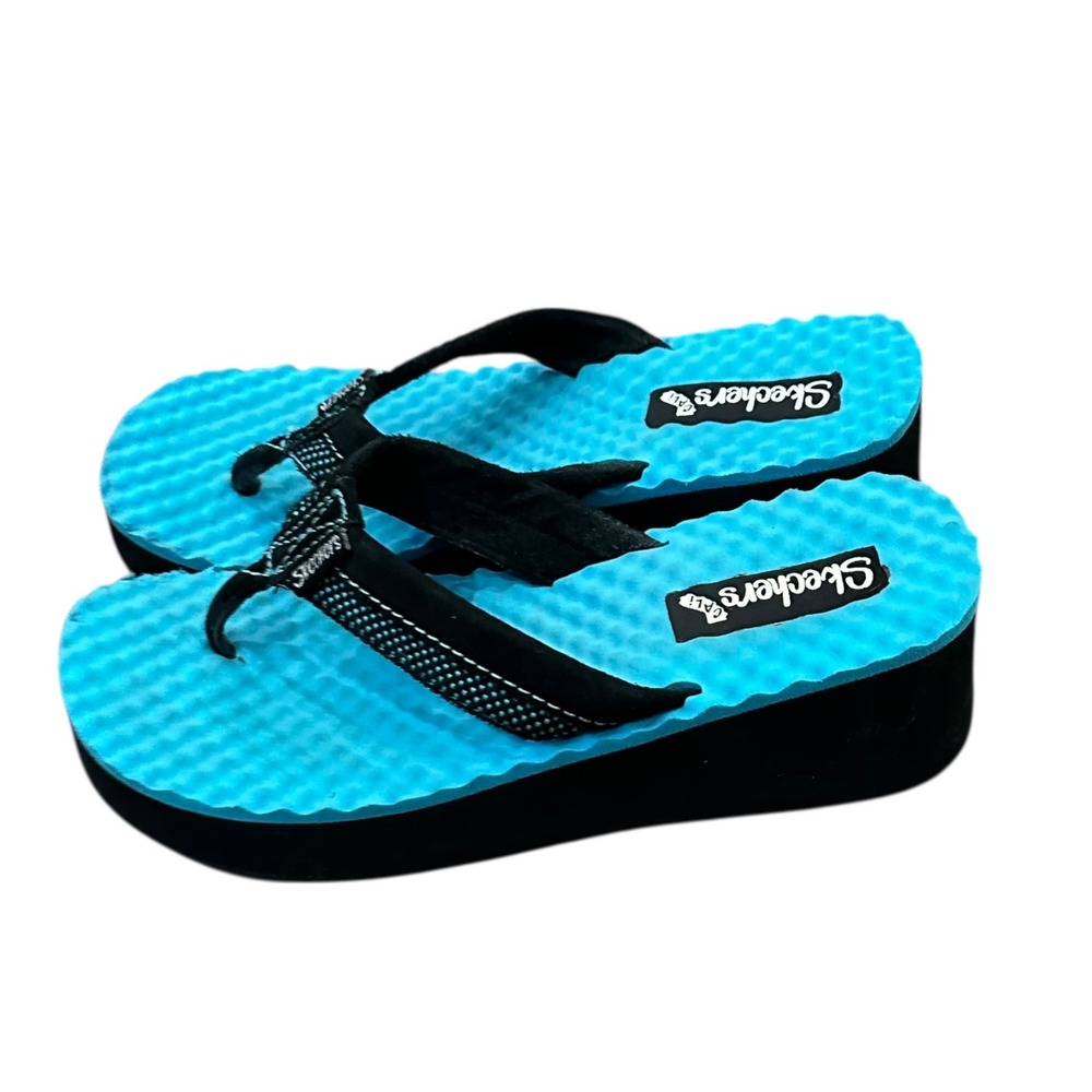 Skechers Cali‎ Womens Wedge Flip Flops Blue Black Platform Thong Sandals 9 Y2k